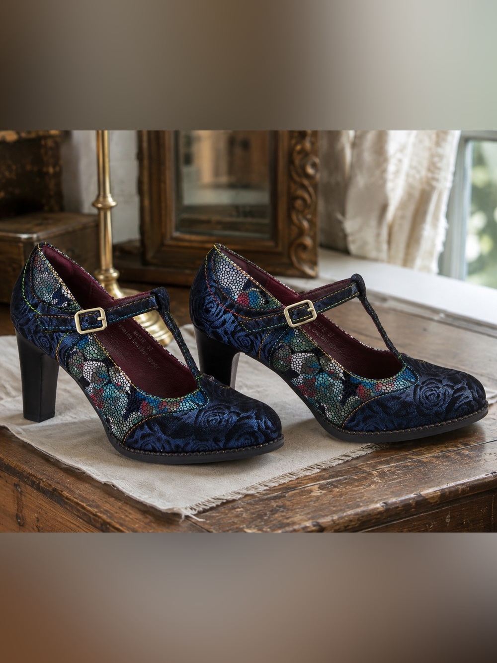 L'Artiste Mazie Navy Leather Floral Mosaic T-Bar Heels